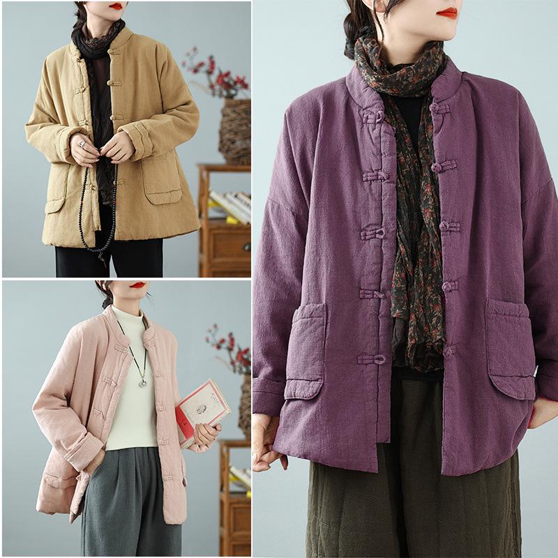 Women's Zen-Style Cotton Padded Jacket with Frog Buttons - Artistic Chinese Winter Top