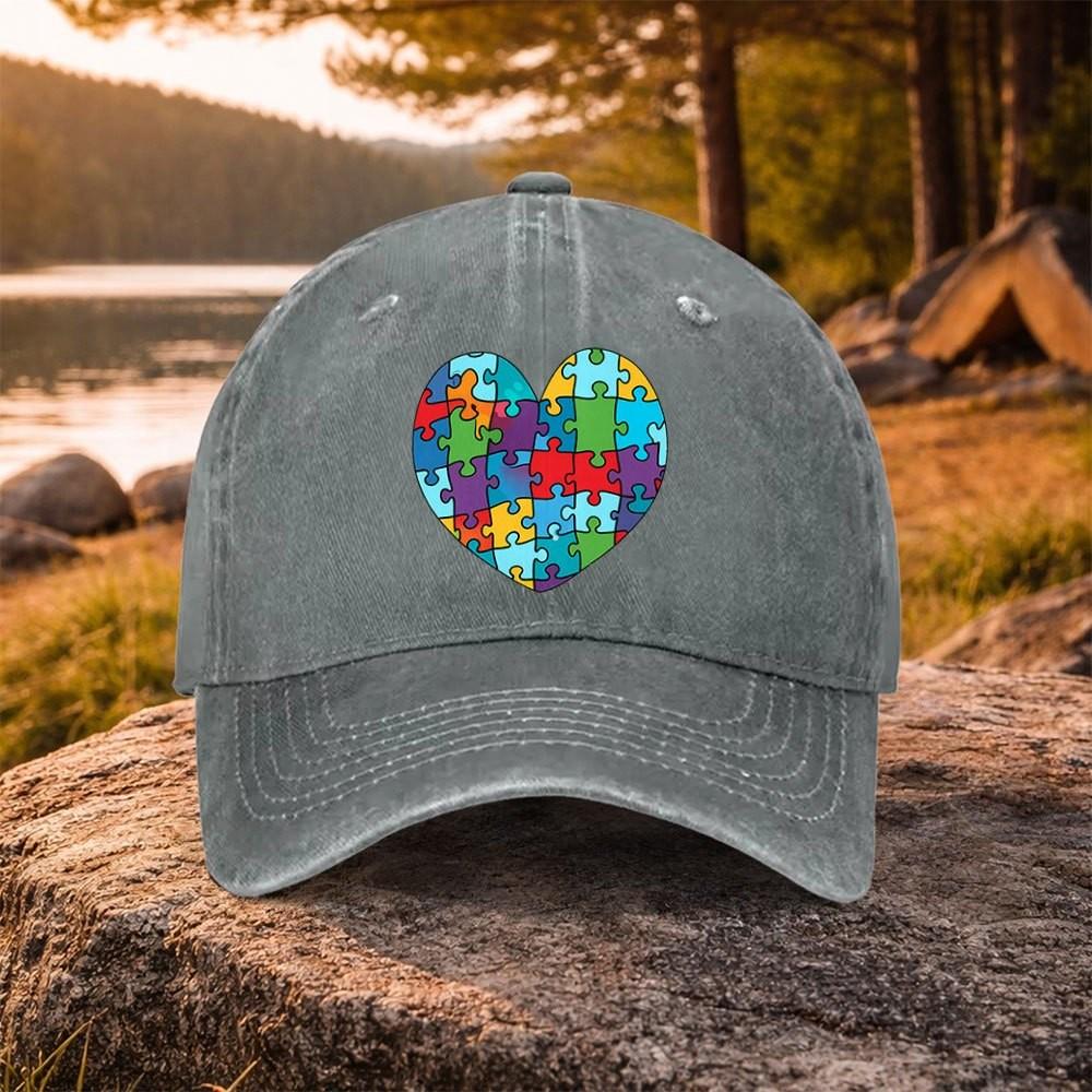Autism Awareness Heart Puzzle Washed Baseball Cap Adjustable Cotton Outdoor Golf Hat