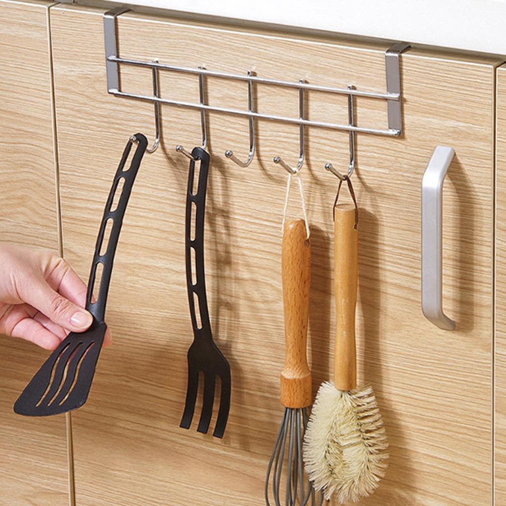Platzsparender Über-Tür-Hakenhänger mit 5 Haken - Edelstahl Duschtürhaken Organizer für Küche, Zuhause, Büro, Besteck