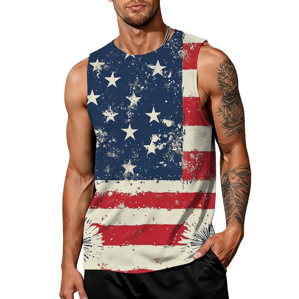 Men's casual trend colorful flag print tank top for men, men's sporty breathable sleeveless shirt