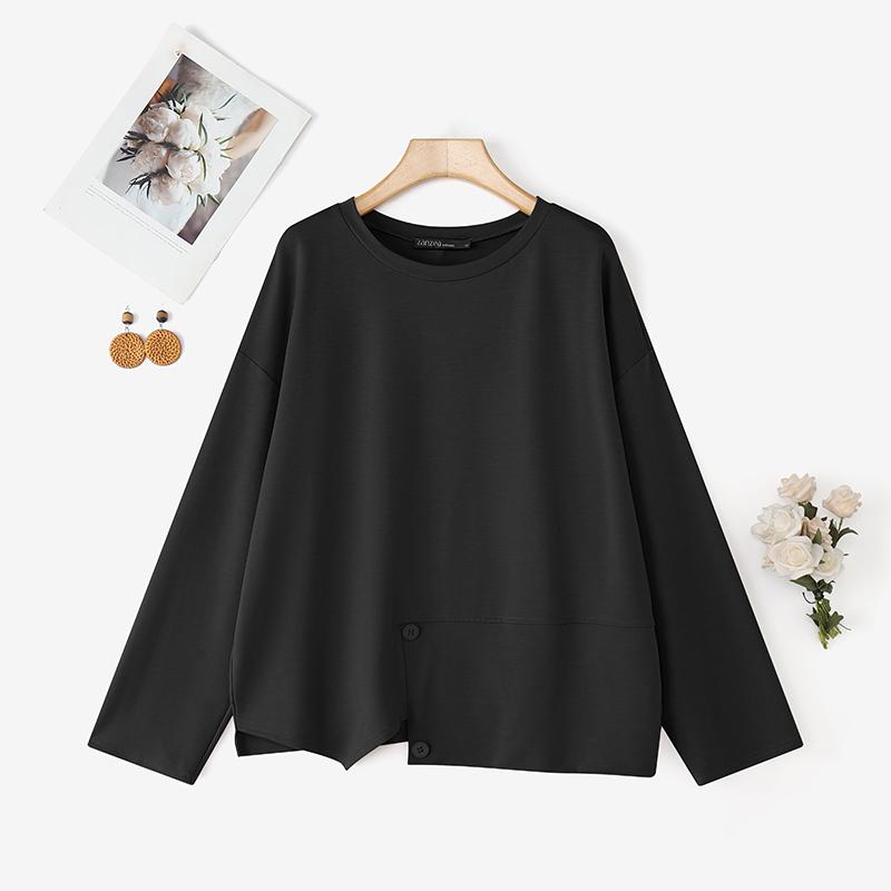 

ZANZEA Женская повседневная блузка-пуловер с круглым вырезом, свободного кроя, с длинным рукавом S чёрный