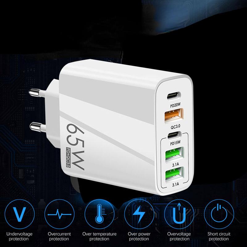 65W PD Charger 5V 7A Fast Charging 5 Port USB For iPhone 13 12 Pro iPad  Xiaomi Samsung Type C Phone Adapter EU US UK Plug