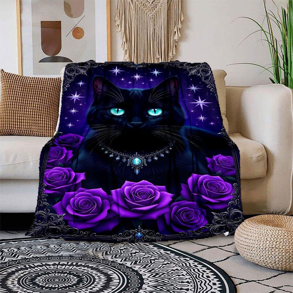 "Enchanted Black Cat with Stars and Roses Wall Art Print"Blanket Flannel Throw Blanket for Sofa, Bed, Travel, Camping, Office
