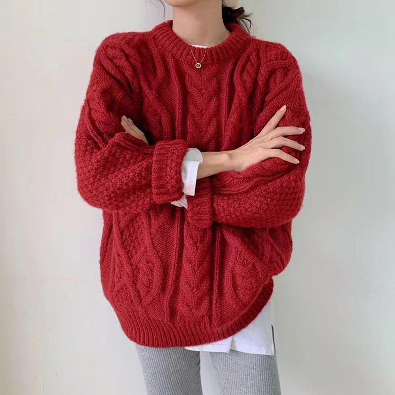 2025 Retro Rot Zopf Dicke Wolle Locker Lässiger Wind Großer Pullover Damen Neujahr Strick Rundhals Pullover Oberbekleidung