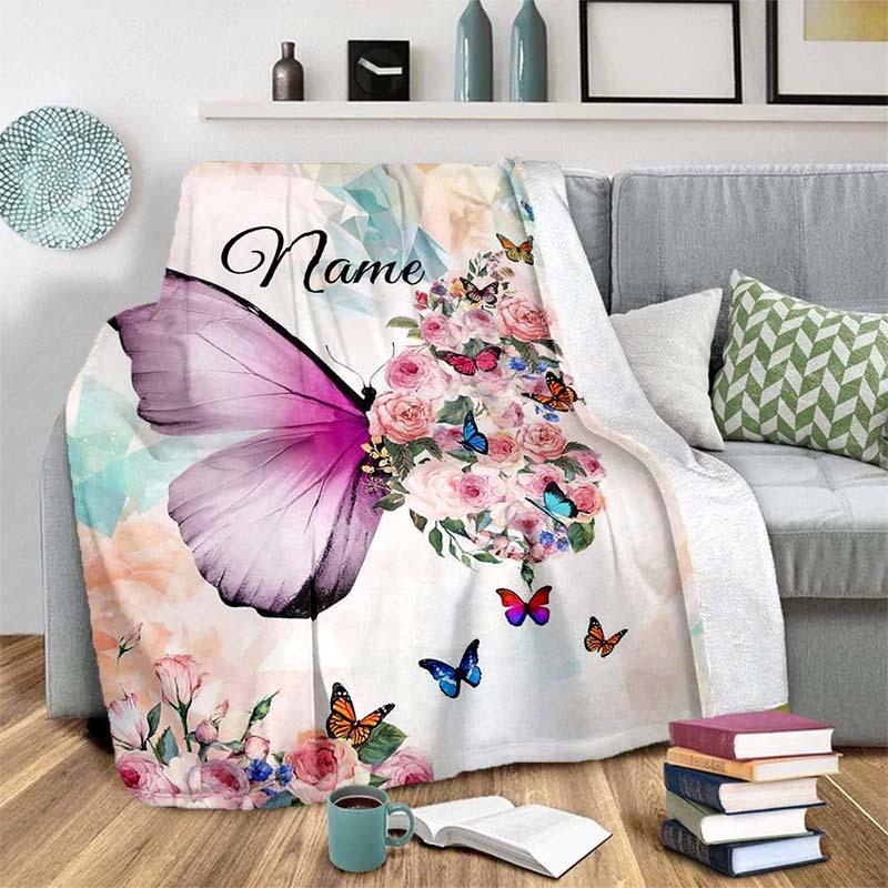 Butterfly Flower Customize Your Name Blanket Warm Comfortable Soft Blanket For Chair Office Sofa Bed Sofa Office Camping Suitable For Gifting