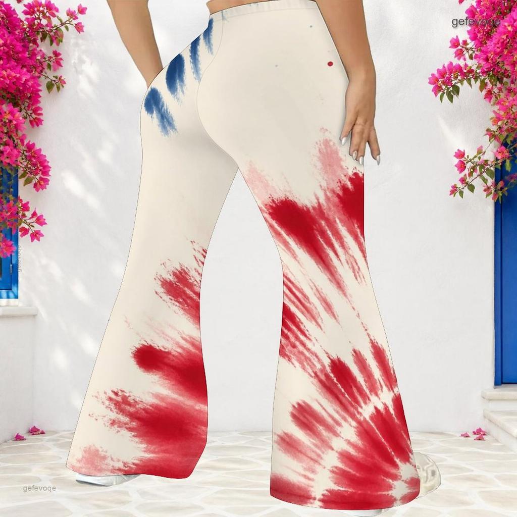 Women Plus Size High Waist Full Length Flared Pants Navy Blue Sparkle Starry Printed