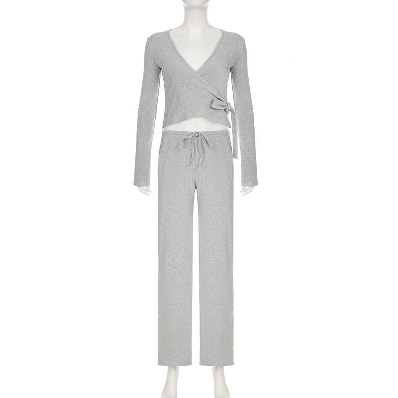 Stil Casual de Toamnă Velvet Subțire Sexy Decolteu în V cu Șnur Tricou Pantaloni Largi cu Talie Elastică Set Tricotat din Două Piese