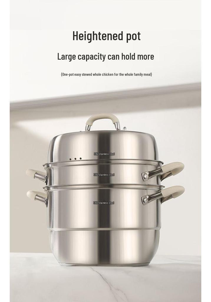 316L Stainless Steel Multi-Layer Steamer Pot for Steaming, Cooking, and Stewing – Induction and Gas Compatible.