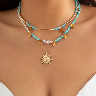 3 Pcs/Set Women Necklace Bohemia Style Multi Layers Imitation Pearl Sequin Portable Lady Pendant