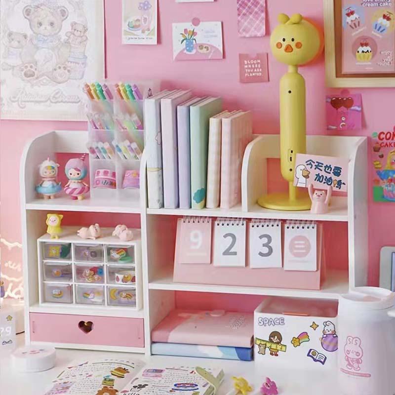 Girl Heart Small Bookshelf Desktop Simple Multi-layer Children's Desk Artifact College Student Dormitory Storage Rack Wooden