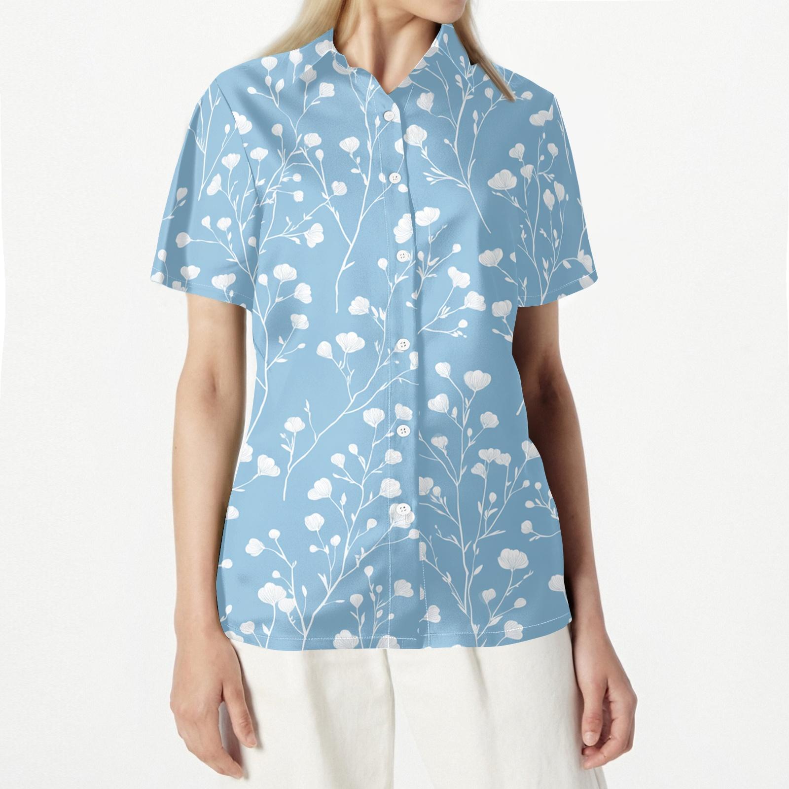 Womens Casual Floral Print Short Sleeve Button Down Shirt Open Front Collar Blouse Lightweight Summer Top S