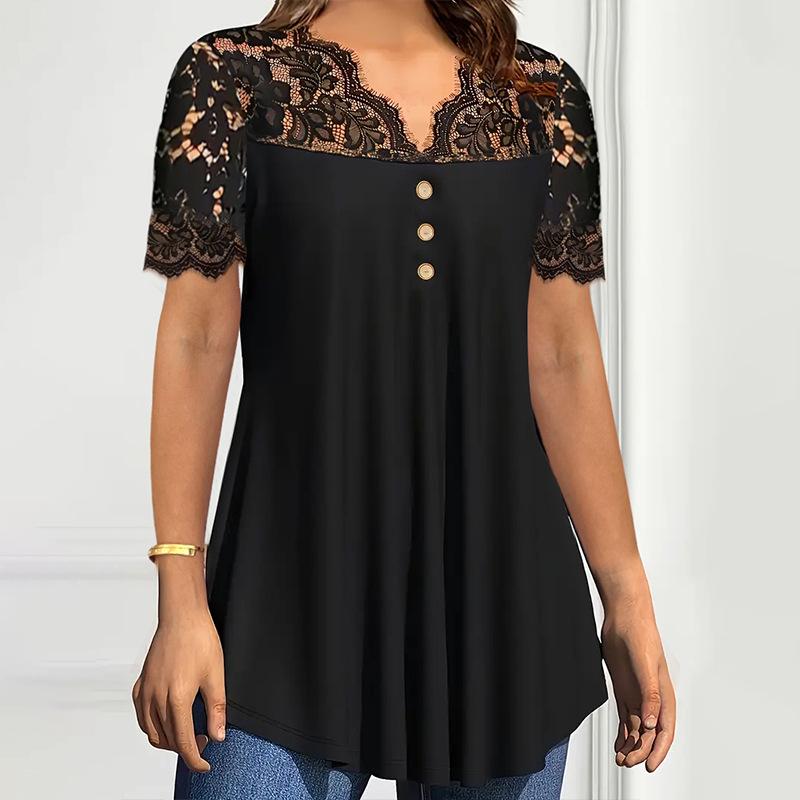 Spring/Summer 2025 European & American Women's Black Lace Short Sleeve Casual Top