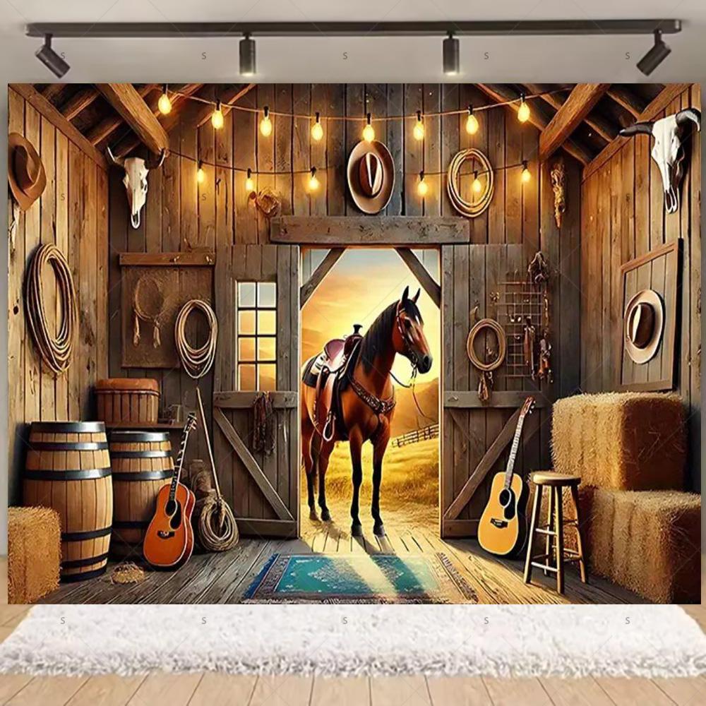 Western Cowboy Photography Backdrop Rustic Farm Barn Haystack Wood House Horse Wheel Background Party Decor Photo Shoot Props