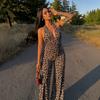 European and American Women's Clothing, Leopard Print Sleeveless Neck V-neck Wide-leg Pants, Women's Jumpsuit Slightly Pulled Belt Jumpsuit