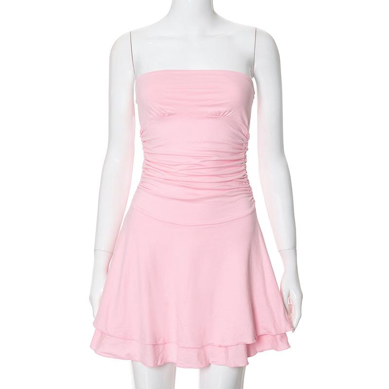 QICED Women Fashion Slim High Waist Pleated Skirt Solid Color Breast Dress