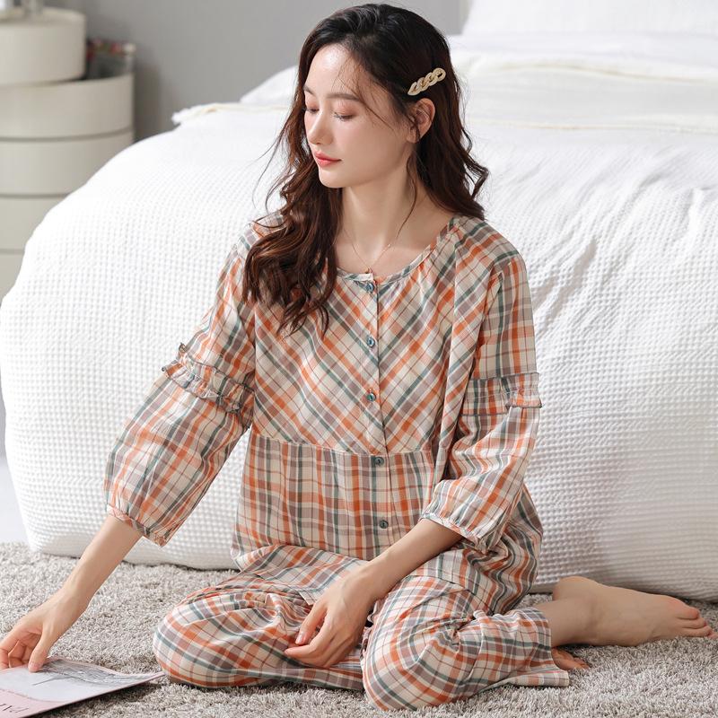 Women's pajamas: spring/summer pure cotton pure cotton, summer plaid woven cotton nine-quarter sleeve long pants, thin loungewear set