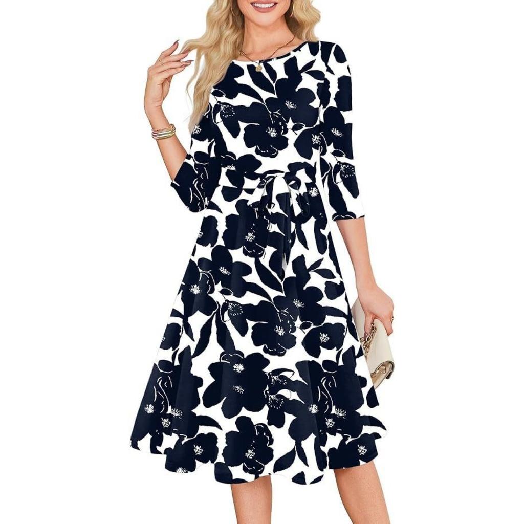 Neues einfarbiges Cocktailkleid für Damen mit 3/4-Ärmeln, Vintage, Rundhalsausschnitt, Elegantes Party- oder Hochzeitsgastkleid