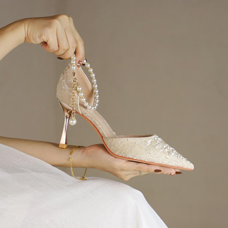 Women High Heeled Sandals Beads Hollow Shoes Pointed Head Shallow Mouth Stiletto High Heels Single Shoes Women Banquet Shoes