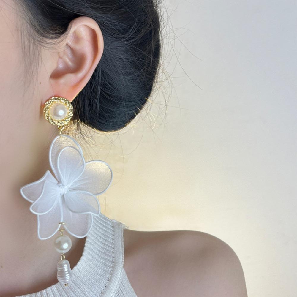 Pearl Pedant Beach Earrings Sweet Petals Stud Earrings Mesh Flower Dangle Earrings  Ladies/Girls