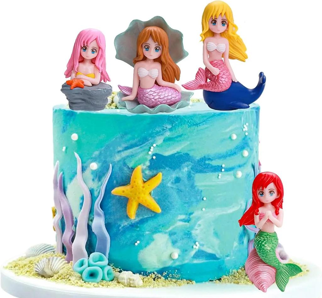 4 יחידות קישוט לעוגת בת ים, דמויות בובות בת ים קטנות וחמודות, קישוטים לקישוט עוגת יום הולדת או קאפקייקס בת ים