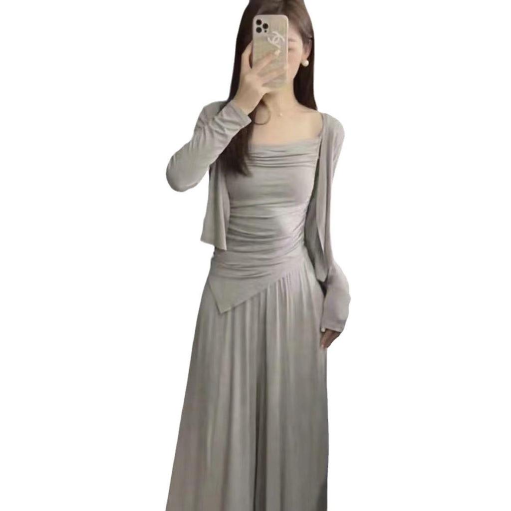 Women's Casual Three-Piece Suit: Spring & Autumn Styles with Irregular Cardigan, High-Waisted Floor-Length Pants, and Slim-Fit Design.