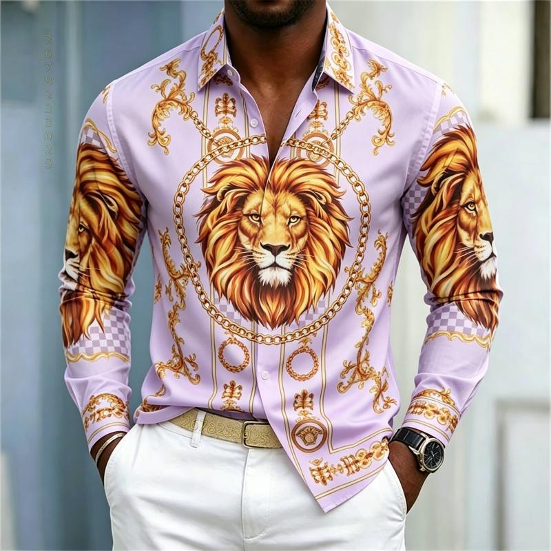 Men's shirt street style animal print shirt white base gilded chain men's slim fit trendy long sleeved business casual shirt