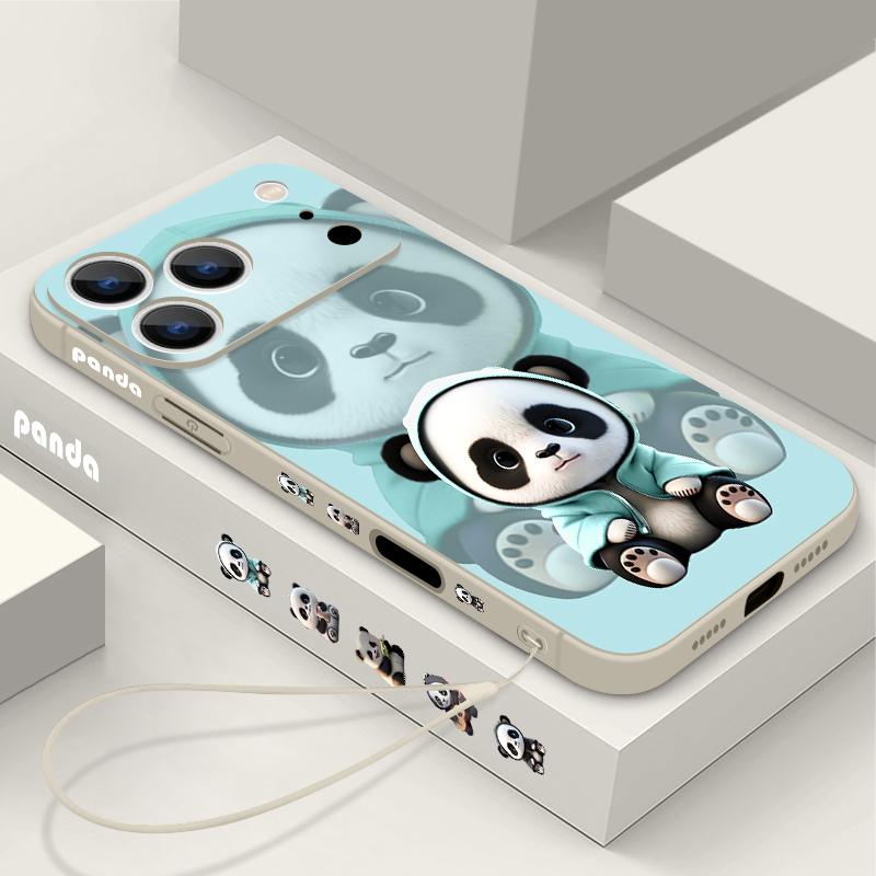 Blauer Mantel Panda Muster Lanyard Hülle Für iPhone 17 Pro Max Weiche Silikonhülle Für iPhone 16 Pro Max Funda iPhone 15 14 13 12 11 16E Air