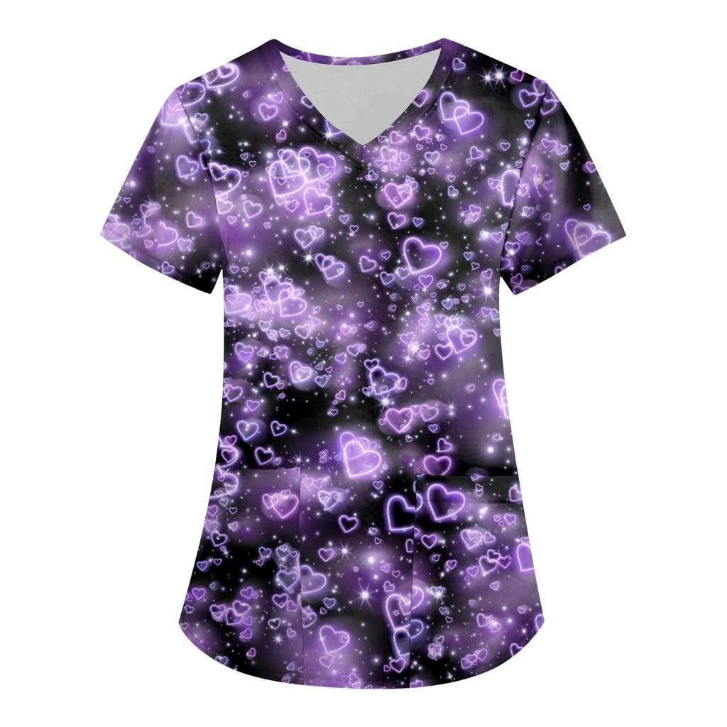 Women's Fashion V-neck Short Sleeve Workwear With Pockets Valentine's Day Printed Tops