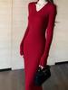 Women's 2026 Red V-neck Knit Bodycon Dress - Autumn/Winter Slim Fit Long Dress