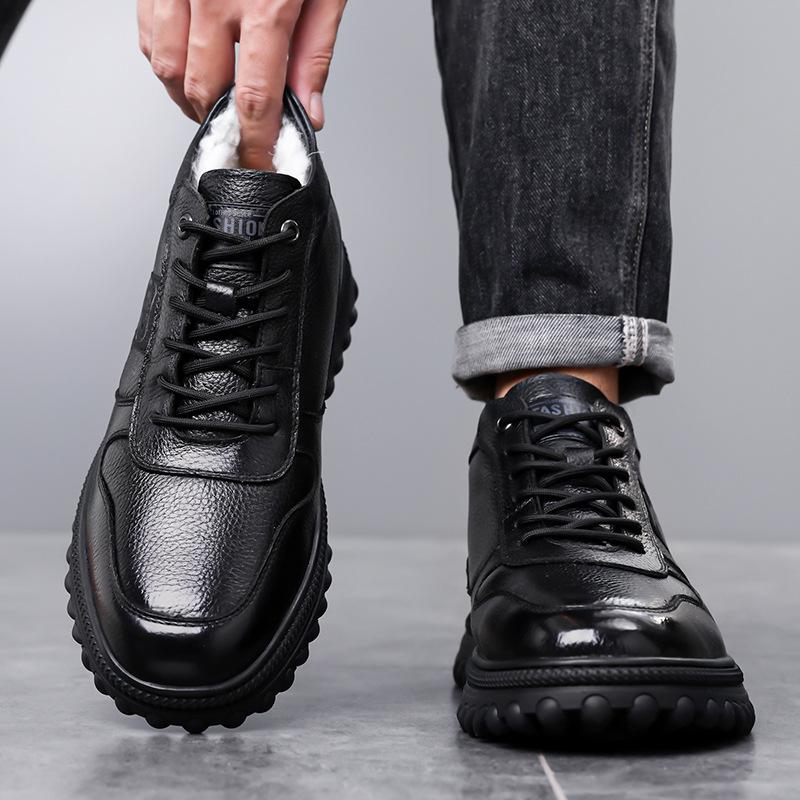 Men'S First-Layer Cowhide Cotton Shoes Winter Thickened Velvet Business Casual Shoes Fashion Thick-Soled Adult Warm Cotton Shoes