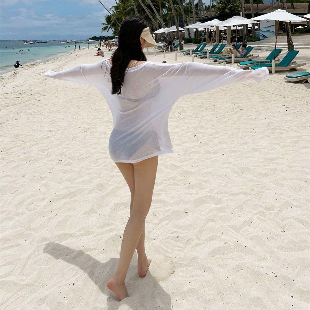 Bikini Cover Up Sun-protection Pullovers Summer Beach Wear Plain Long Sleeves Tops Girls