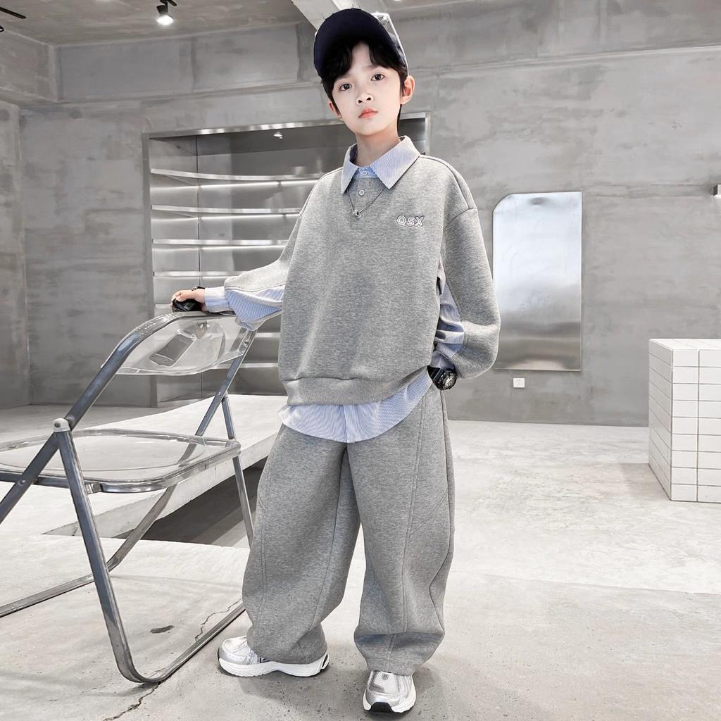Boys' Autumn Lapel POLO Shirt Harem Pants Suit, Big Children's Korean Version of The Loose Sports Two-piece Suit