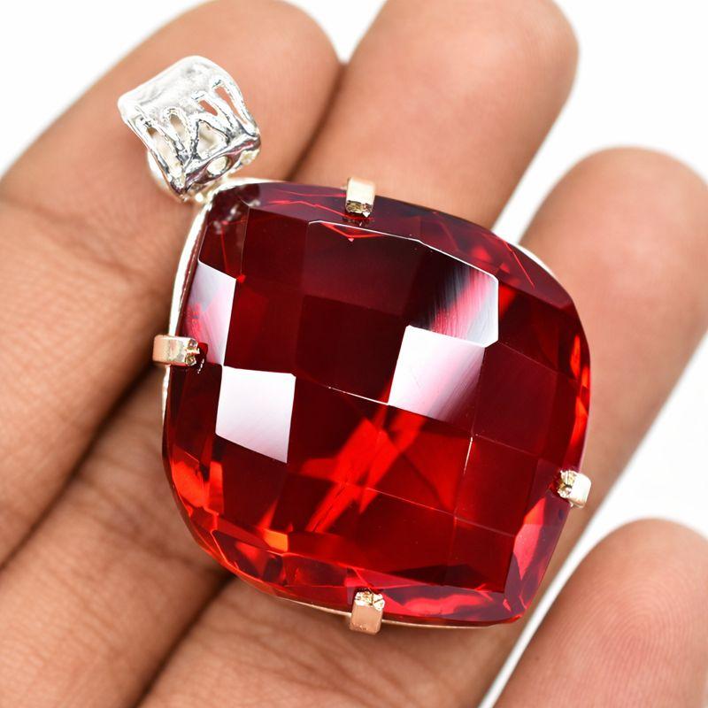 Topacio Rojo Natural 96 Quilates Corte Fantasía Certificado Colgante de Plata de Ley 925 Piedra Preciosa