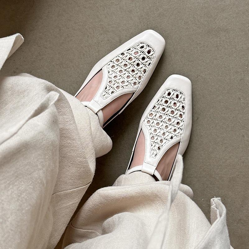 Soft! Square Head Woven T-strap Small Leather Shoes Retro Genuine Leather Mary Jane Shoes Women's 2025 New Shallow Hollow Single Shoes