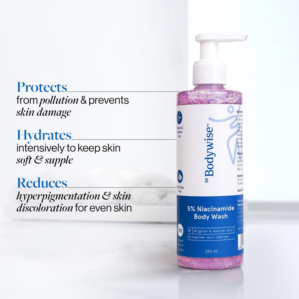 Be Bodywise 5% Niacinamide Brightening Body Wash | Hydrates & Deep Cleanses Skin | For Glowing & Hydrated Skin | With Aloe vera, Vitamin B3 & E | For