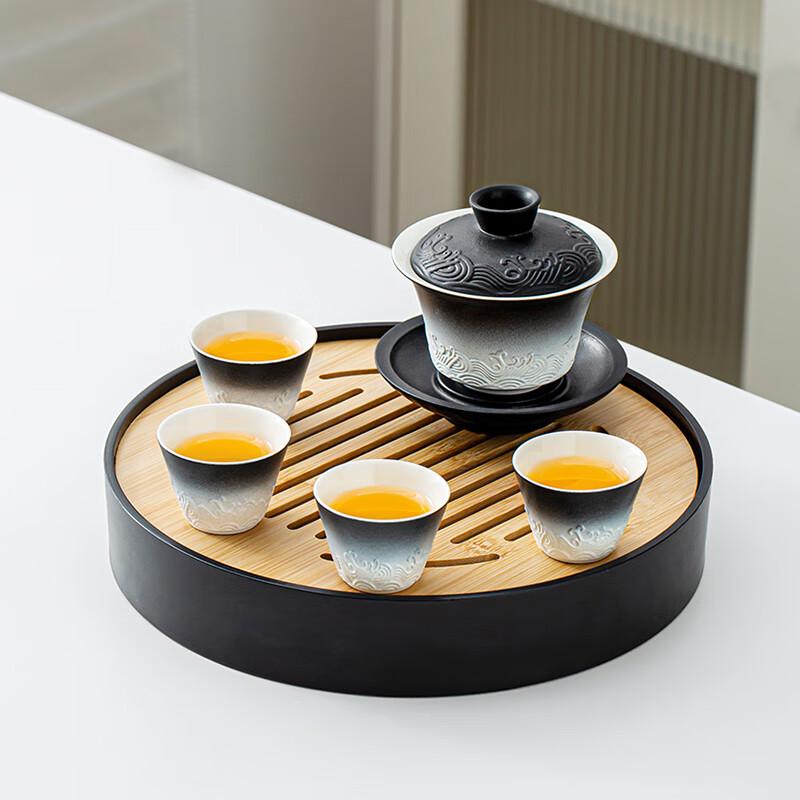 Lainuo Gradient Black Wave Gaiwan Tea Set with Plate