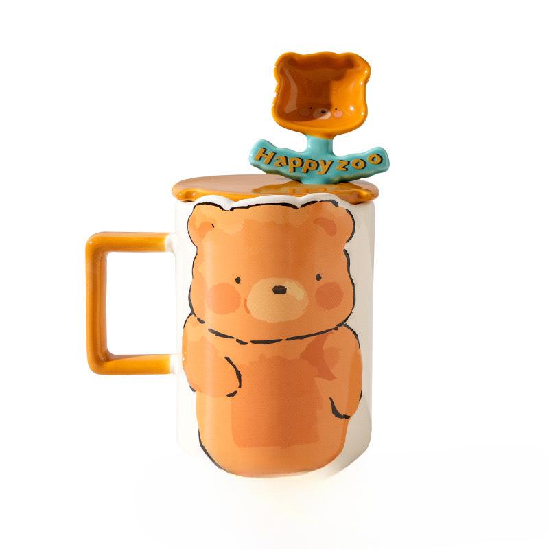 Cartoon Animal Ceramic Cup Cute Cute High Value Water Cup Girl Student Couple Mug with Lid and Spoon