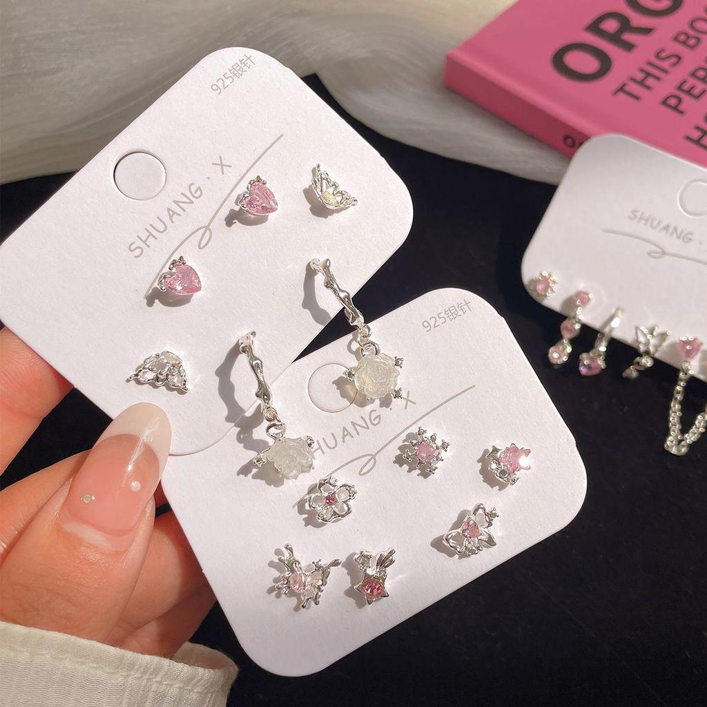 Schicke geometrische Ohrringe mit rosa Zirkon, Silberstift und Liebesquaste für Mädchen
