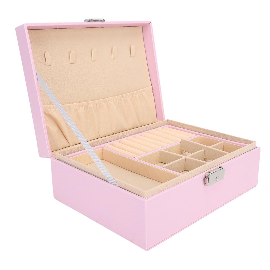 Double Layer Jewelry Box Soft PU Leather Jewelry Storage Organizer with Lock for Necklace Bracelet Earrings Pink