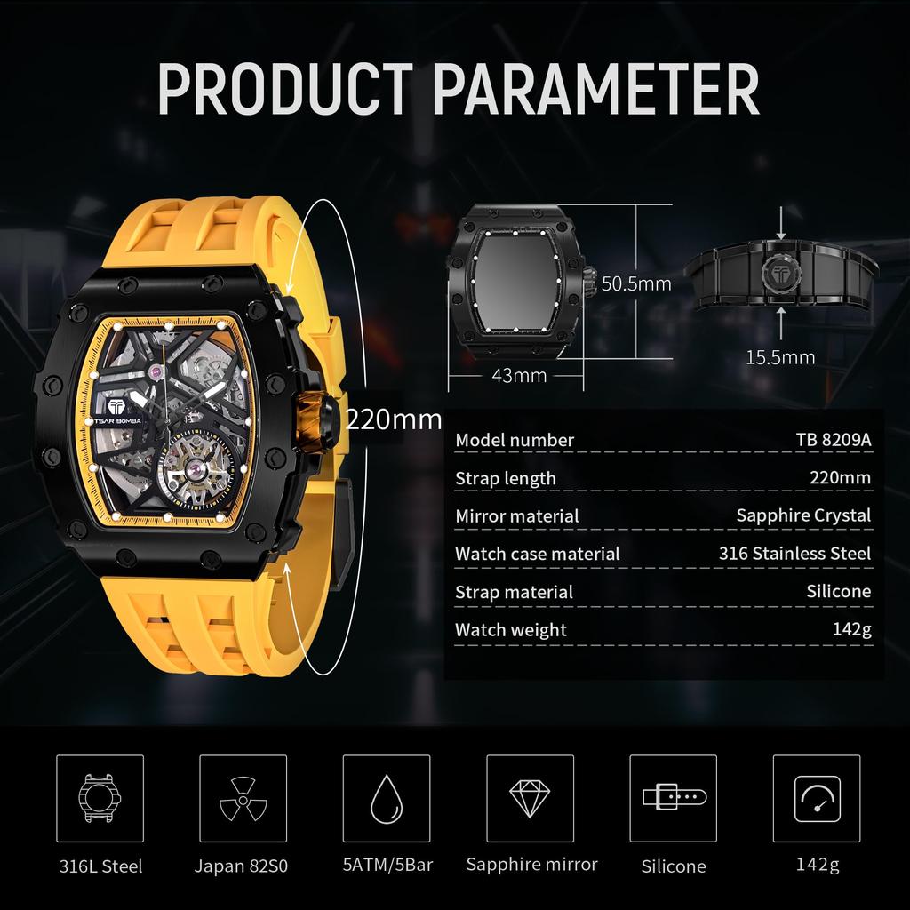 TSAR BOMBA Męski Zegarek Biznesowy, Wodoodporność 50M, Szkieletowy Design, Stylowa Koperta Tonneau ze Stali Nierdzewnej, Japoński Mechanizm z Indeksami Luminescencyjnymi, Żółty
