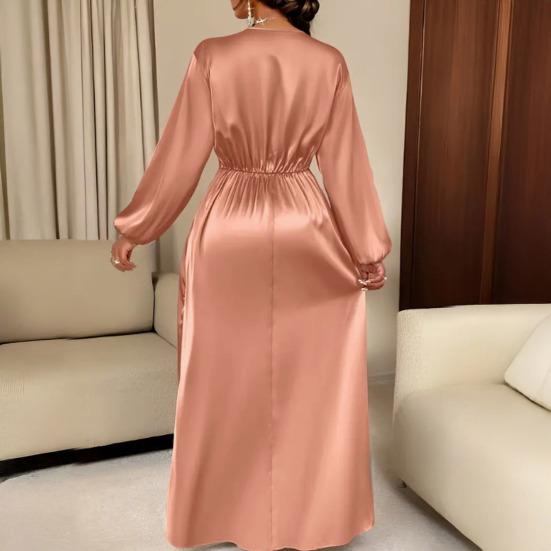 Women Summer Satin V-Neck Dress Elegant Long Gown with Puff Sleeves & Cinched Waist