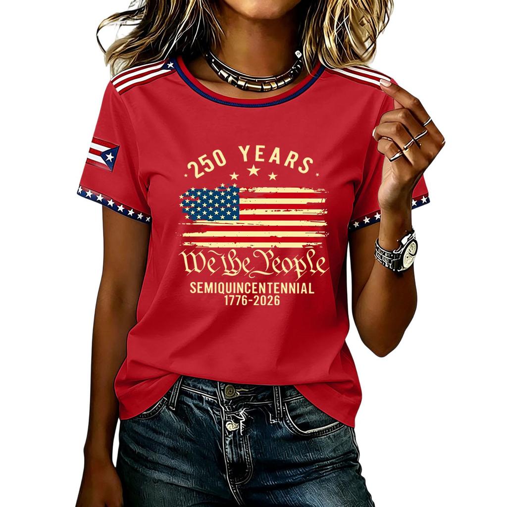 Womens Short Sleeve Crew Neck T Shirt Semiquincentennial 250 Years We the Flag Print Casual Top