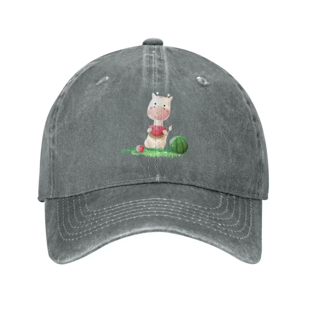 Giraffe Sitting In The Grass Eating Watermelon Baseball Cap for Unisex Women Vintage Trucker Hat Hats Dad Hat