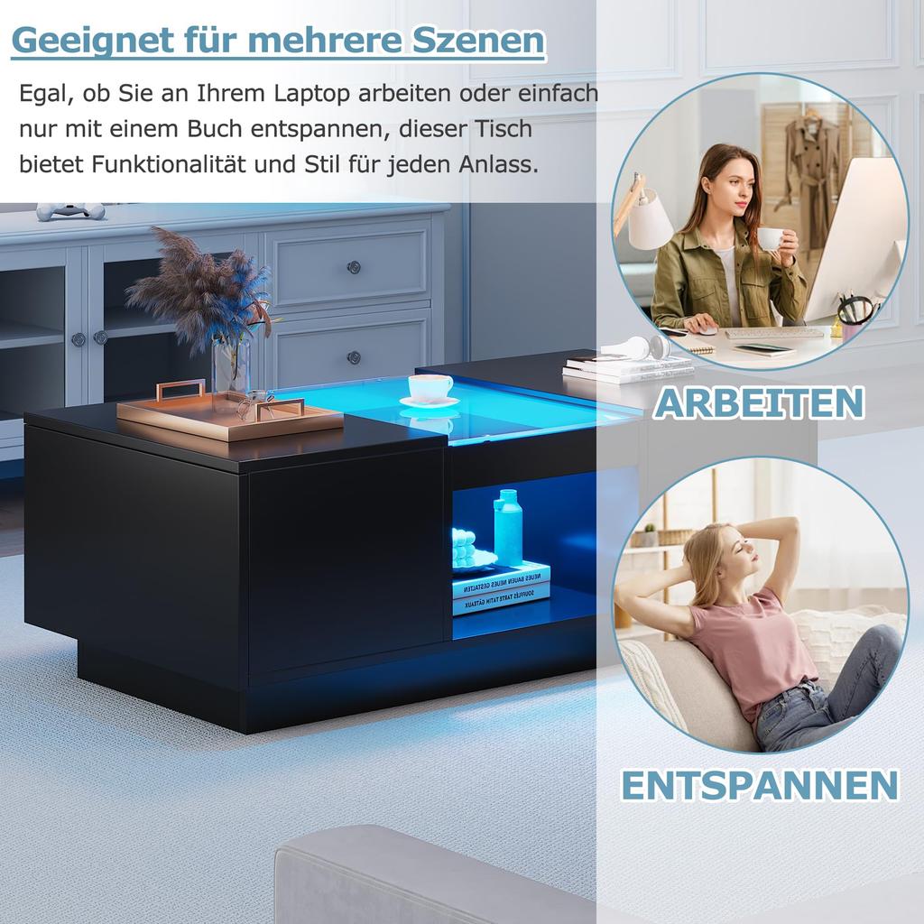 Couchtisch Flieks 100x50x35,5 cm – mit Glasverkleidung, LED-Beleuchtung, App-Steuerung, 2 Schubladen und 1 offenes Fach