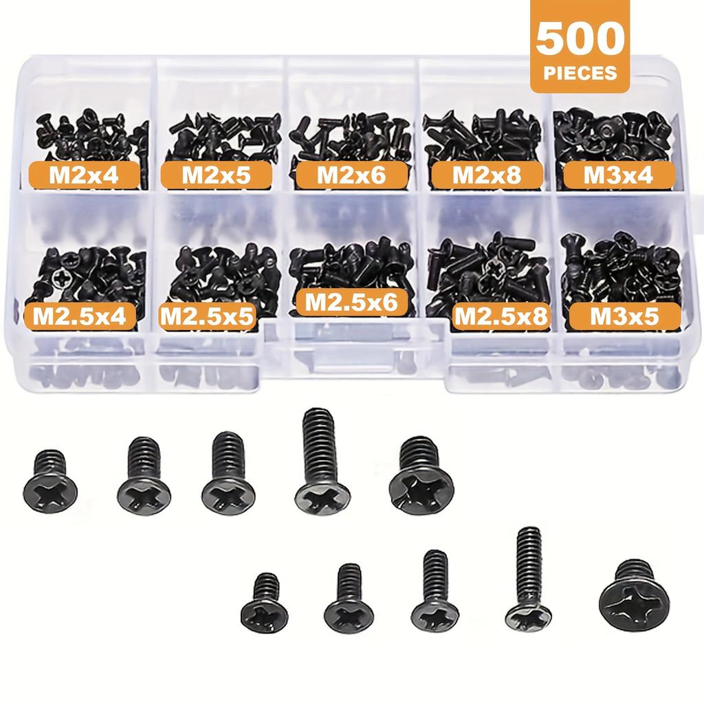 500 Pieces of Flat Head Cross Screws for Laptop, Including M2, M2.5, M3, DIY Black Bolts Screw Kit