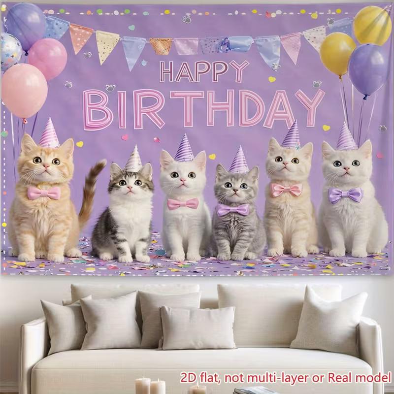 Telo Sfondo 2D Buon Compleanno Gattini, Sfondo Viola per Feste, Vlog e Live Stream