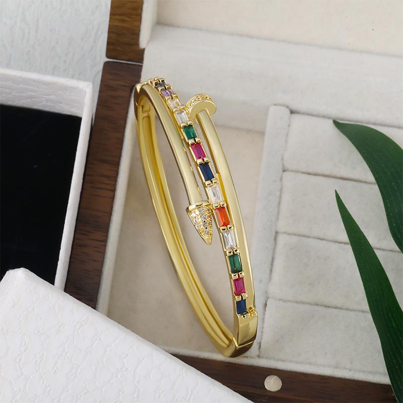 Stylish Geometric Nail Design Inlaid Colorful Square Zircon Bracelet One  Size(18CM~21CM)