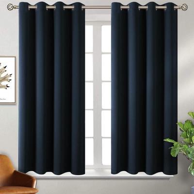 Set of 2   Room Darkening Thermal Insulated Polyester Blackout Curtain  (Navy Blue)