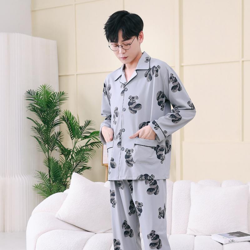 Pajamas Winter Pajamas Mens Long Sleeve Youth Home Clothes 2 Piece Kit Cartoon Bear Black Gray Blue Leisure