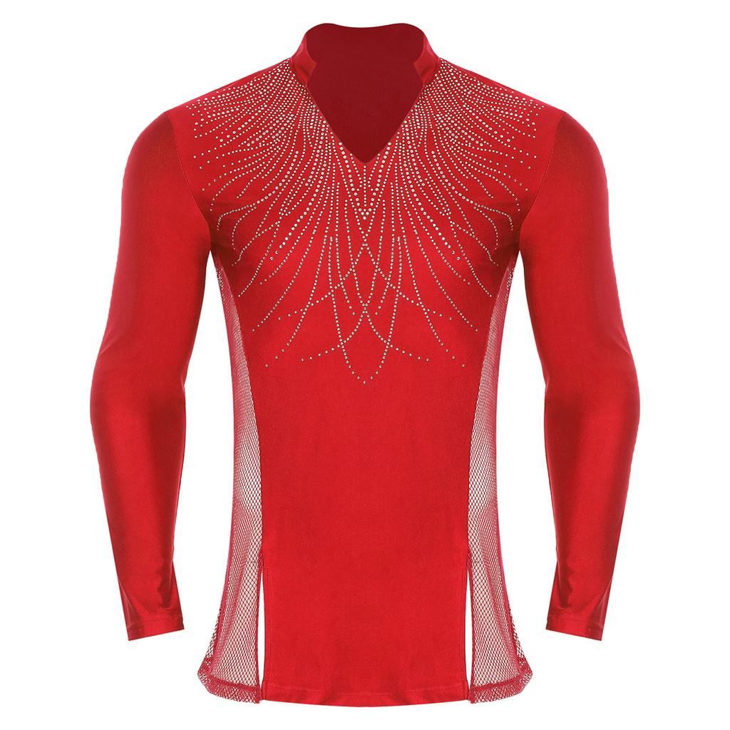 Pánské třpytivé kamínkové taneční top s límečkem do V, dlouhým rukávem, bočními síťovanými díly, patchworkem a rozparky, oblečení do tanečního sálu